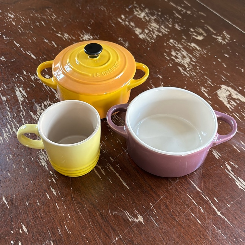 Two Le Creuset Mini Cocottes and One Espresso Cup